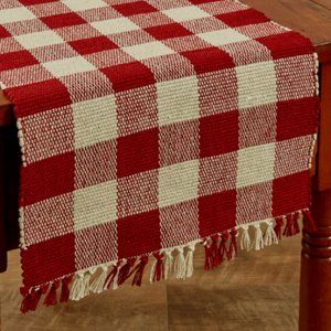 Country Primitive Wicklow Table Runner 36" Barn Red Tan Woven Buffalo Check